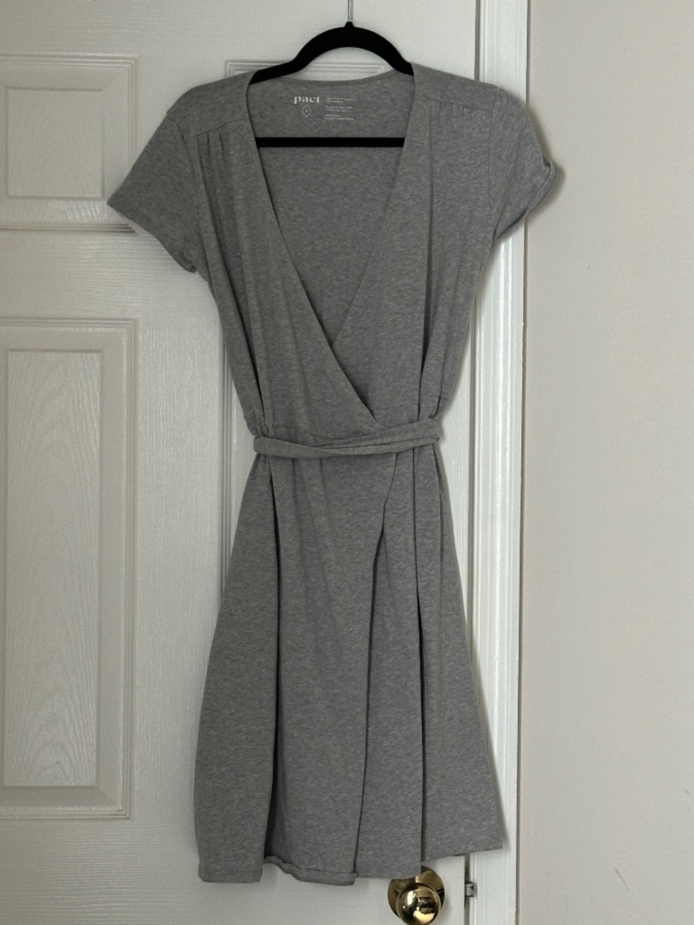 Pact Organic Cotton Grey Gray Wrap Dress Small Belted V Neck Short Sleeve